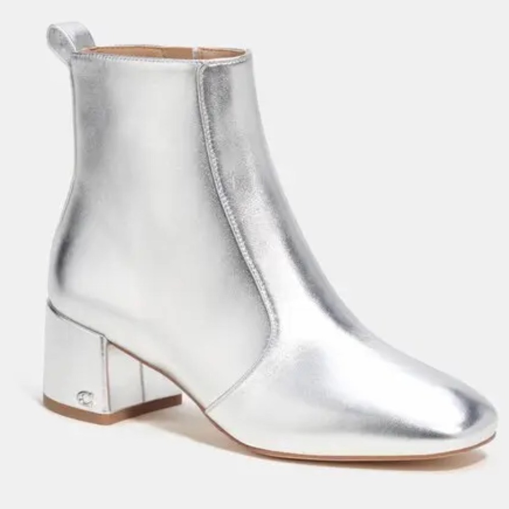 Coach Leah Ankle Boot CM682 Metallic Silver Leather Block Heel Square Toe 7B